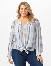 Load image into Gallery viewer, Roll Tab Sleeve Stripe Slub Button Front Woven Top
